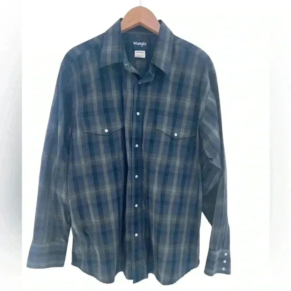 Wrangler Men’s Blue Plaid Wester Shirt with Pearl Snaps Size XL